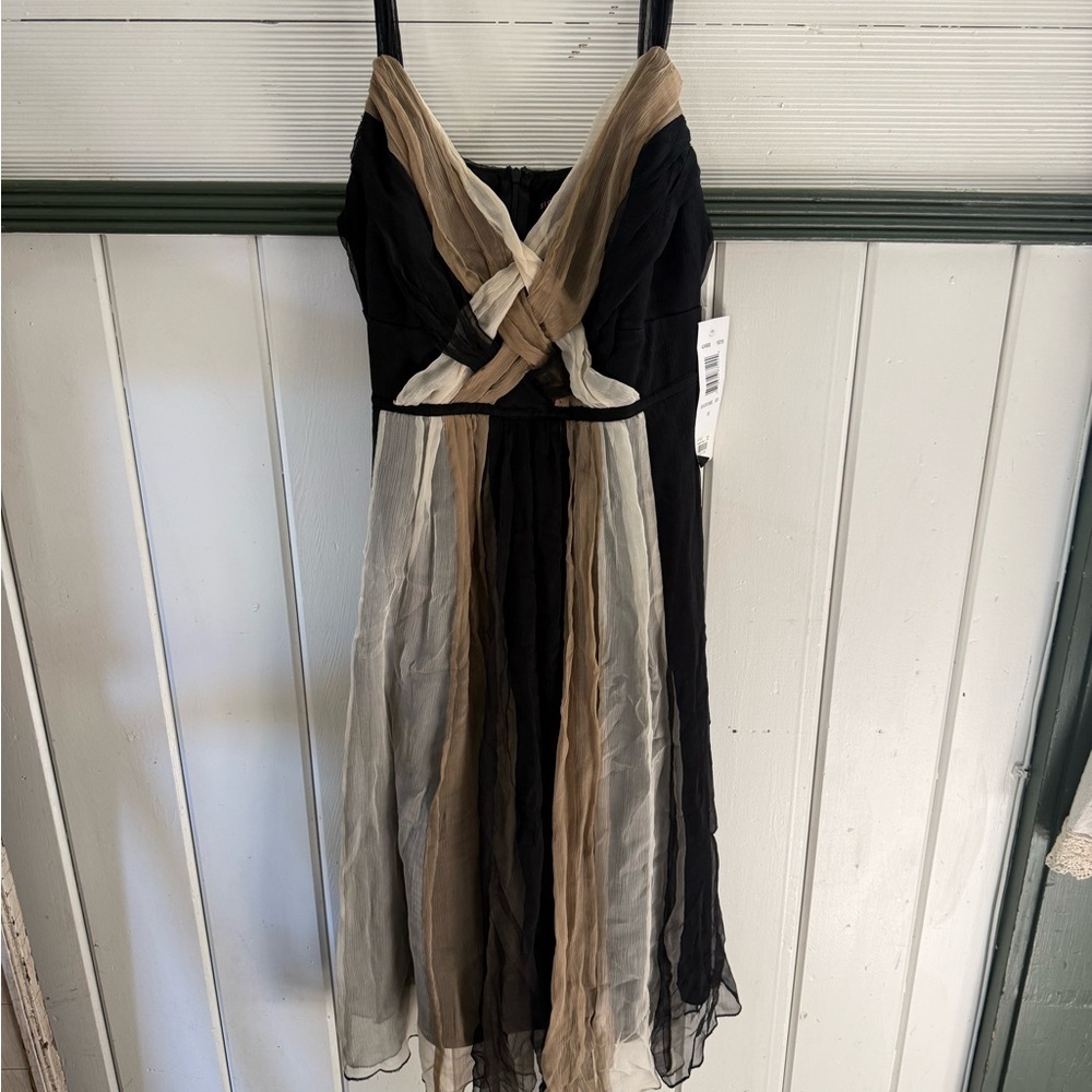 Signature Women's Black and Neutral Striped Chiffon Midi Dress